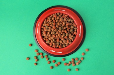 Dry dog food and feeding bowl on green background, flat lay