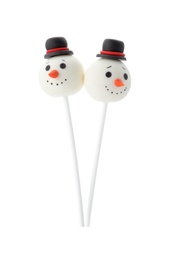 Photo of Delicious Christmas snowman cake pops isolated on white