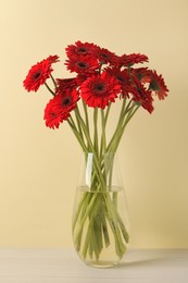 Photo of Bouquet of beautiful red gerbera flowers glass in vase on white table near beige wall