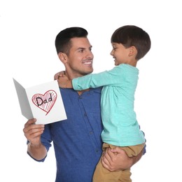 Photo of Little boy greeting his dad with Father's Day on white background