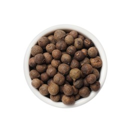 Dry allspice berries (Jamaica pepper) in bowl isolated on white, top view