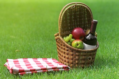 Picnic basket with fruits, bottle of wine and checkered blanket on green grass in garden