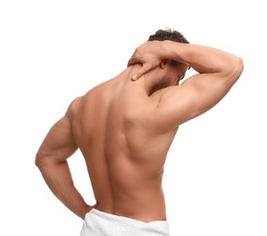 Man suffering from neck pain on white background