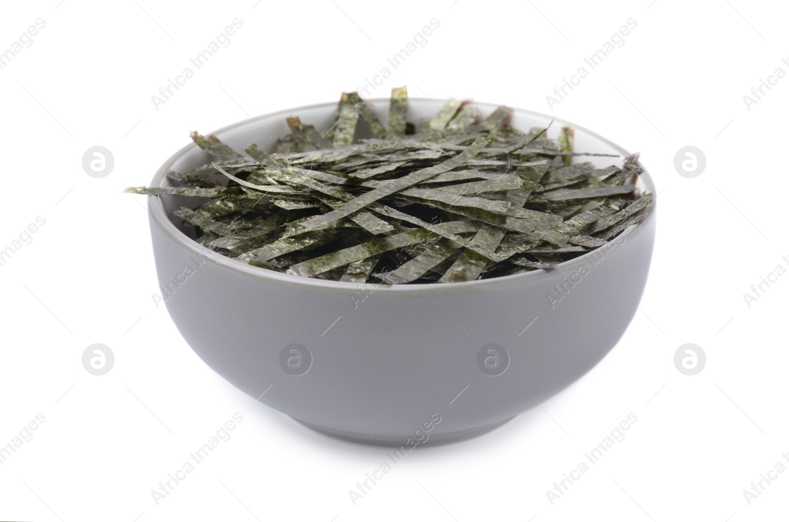 Photo of Bowl with chopped crispy nori sheets isolated on white