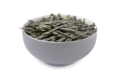 Bowl with chopped crispy nori sheets isolated on white