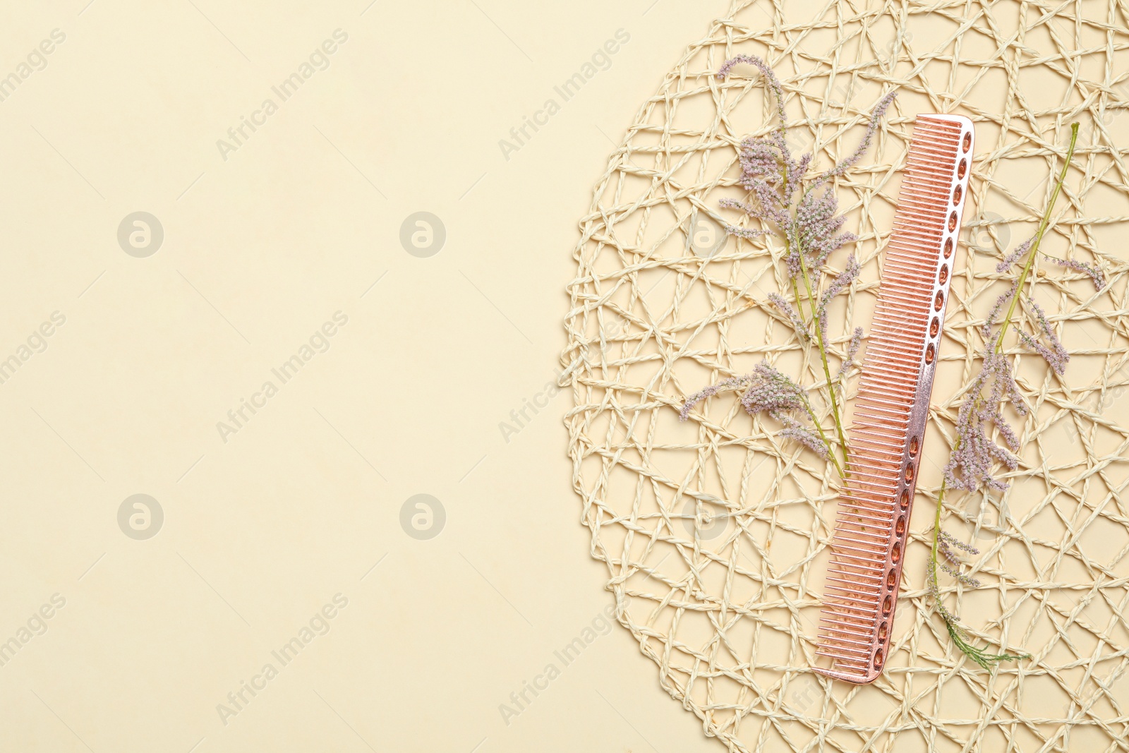 Photo of Modern hair comb and flowers on beige background, flat lay. Space for text