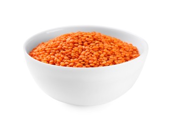 Photo of Raw red lentils in bowl isolated on white