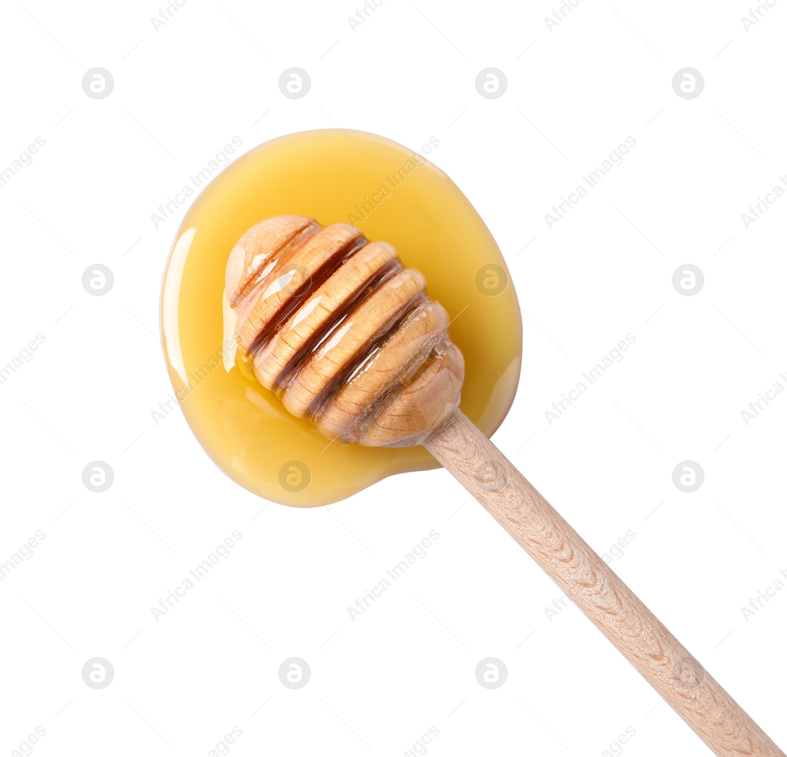 Photo of Wooden dipper and fresh honey on white background, top view