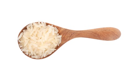 Spoon with raw rice isolated on white, top view
