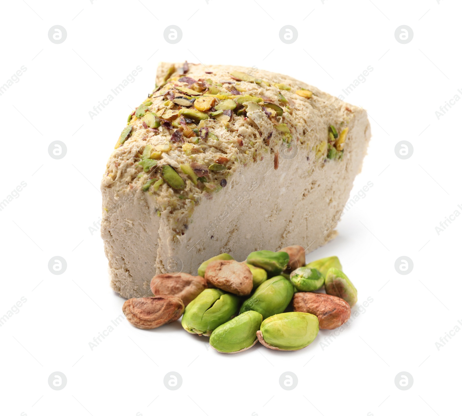 Image of Tasty halva and pistachio nuts isolated on white