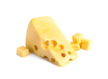 Pieces of cheese with holes on white background