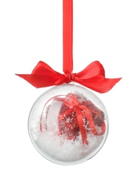 Photo of Decorative snow globe with red ribbon isolated on white