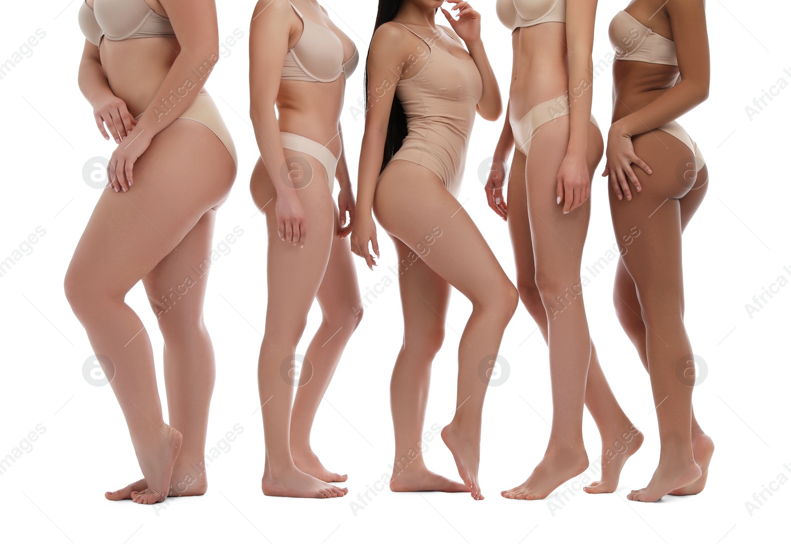 Photo of Group of women with different body types in underwear on white background, closeup