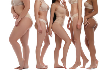 Group of women with different body types in underwear on white background, closeup
