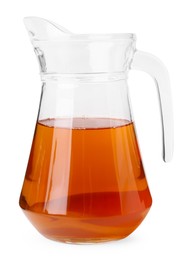 Tasty kombucha in glass jug isolated on white