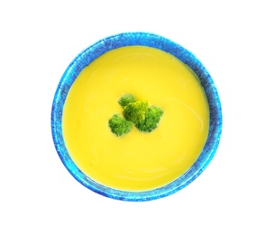 Photo of Bowl of cheese cream soup with broccoli on white background, top view