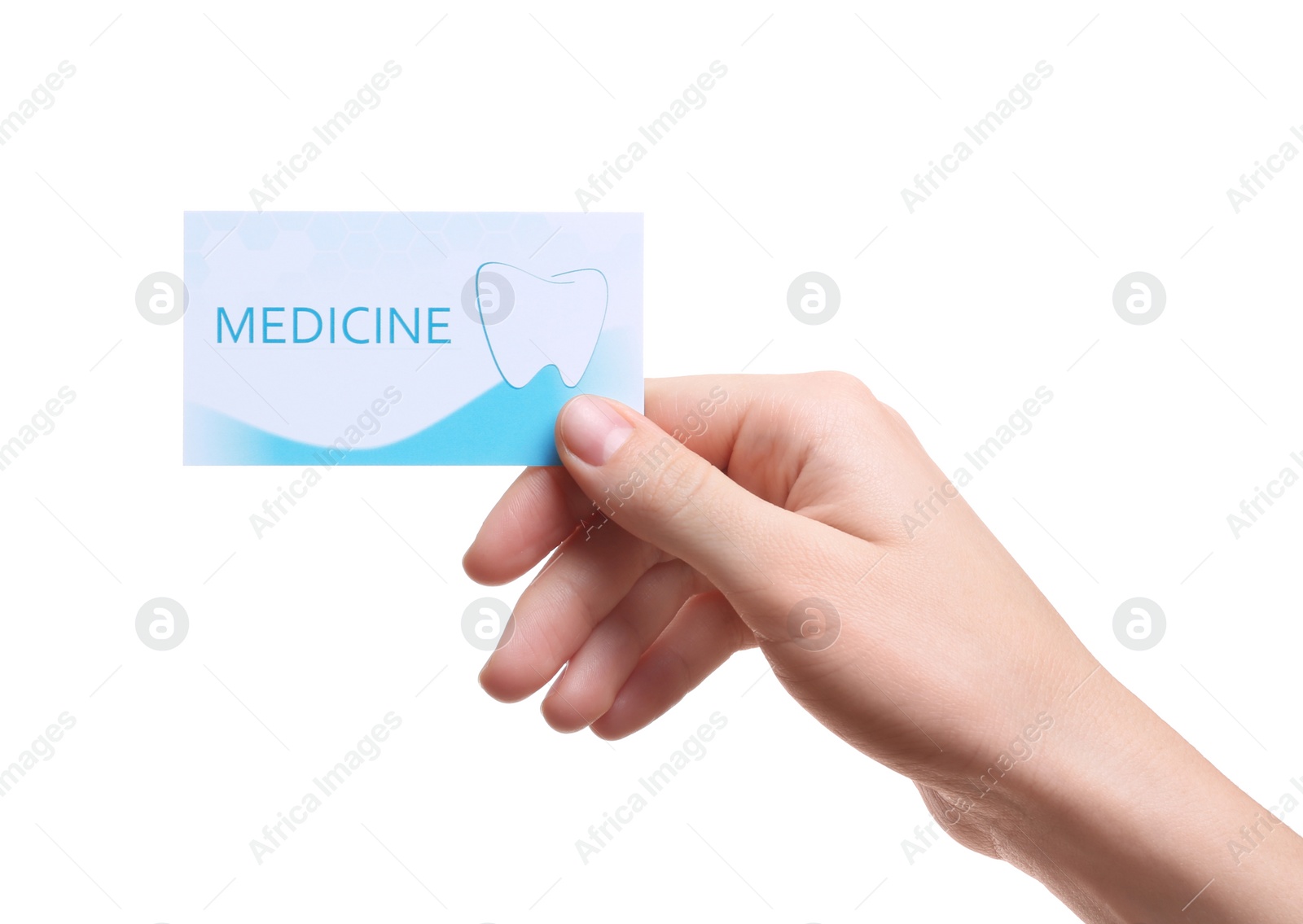 Photo of Woman holding business card isolated on white, closeup. Dental medical service