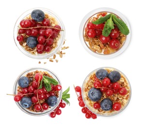 Image of Delicious yogurt parfait with fresh berries and mint on white background, top view. Collage