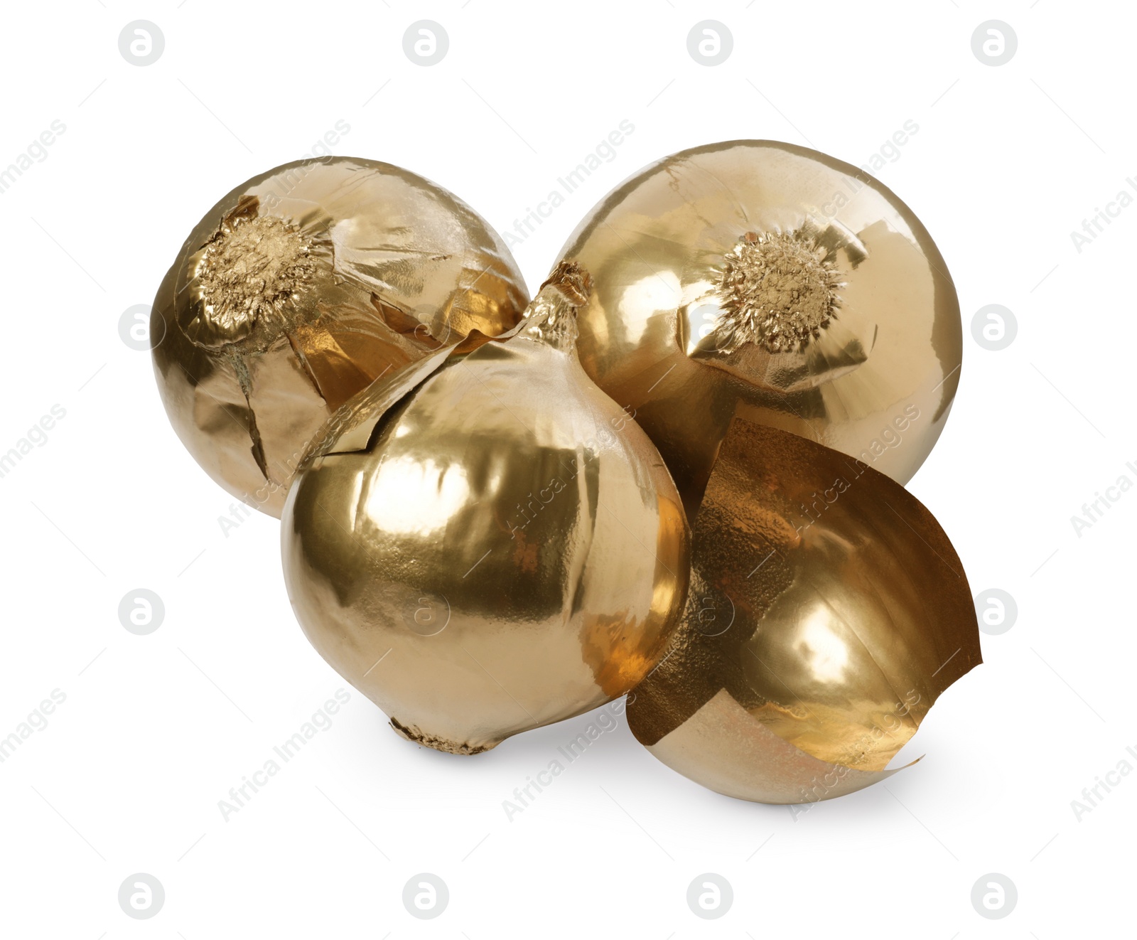 Photo of Shiny stylish golden onions on white background