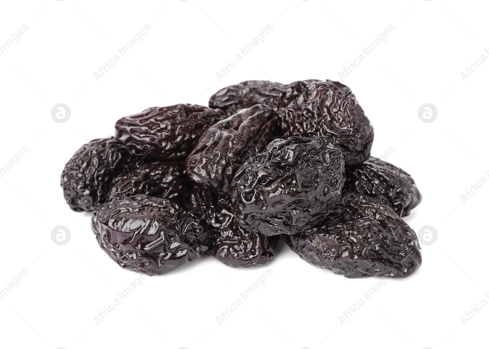 Photo of Pile of sweet dried prunes on white background