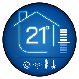 Smart home system. Thermostat display showing ambient temperature in Celsius scale and different icons on white background
