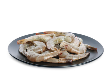 Photo of Plate with raw shrimps isolated on white