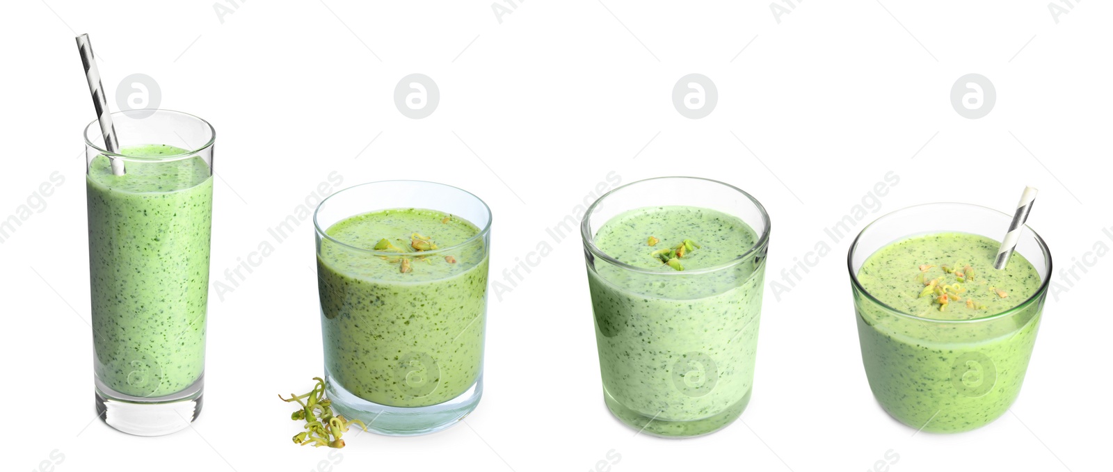 Image of Set with green buckwheat smoothies on white background. Banner design
