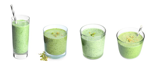 Set with green buckwheat smoothies on white background. Banner design