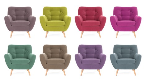 Different colorful armchairs isolated on white, set