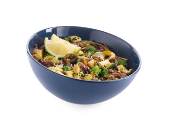 Photo of Stir-fry. Delicious cooked noodles with chicken and vegetables in bowl isolated on white