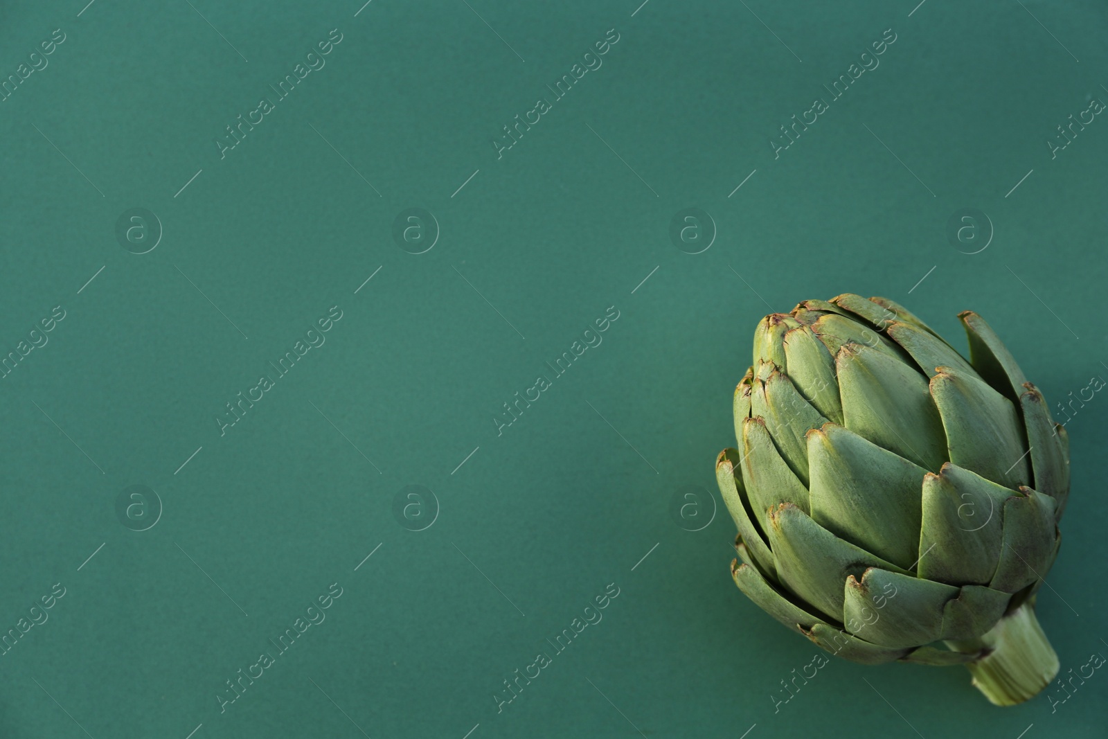 Photo of Whole fresh raw artichoke on green background, top view. Space for text