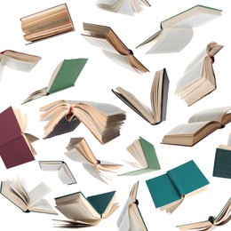 Image of Many hardcover books falling on white background