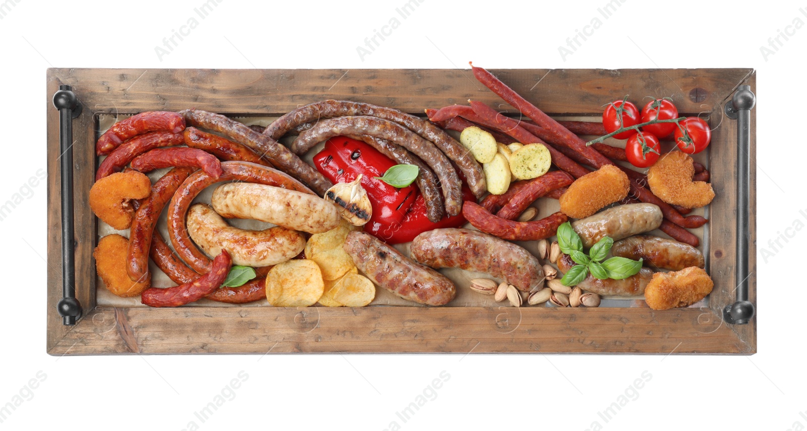 Photo of Set of different tasty snacks isolated on white, top view