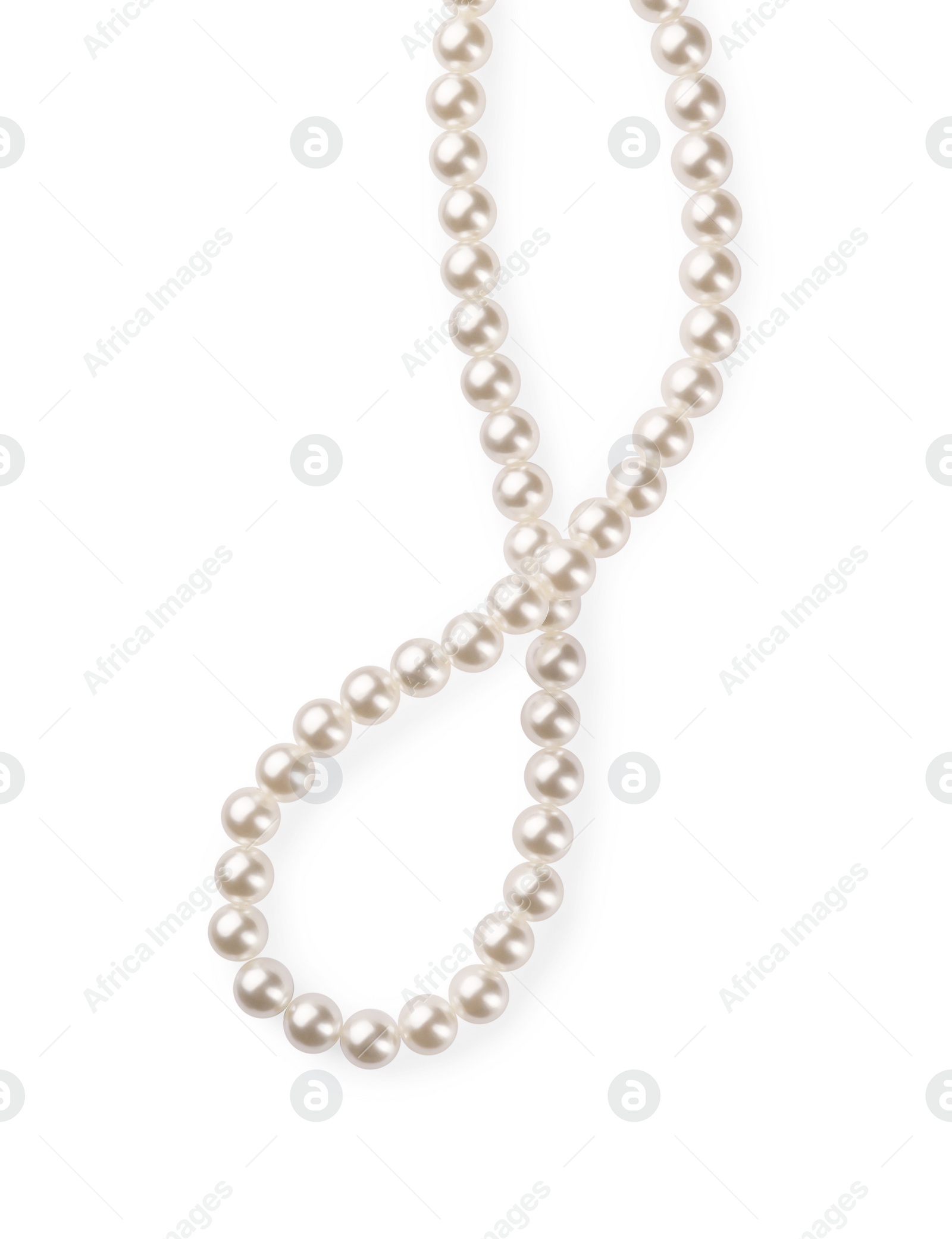 Photo of Elegant pearl necklace isolated on white, top view