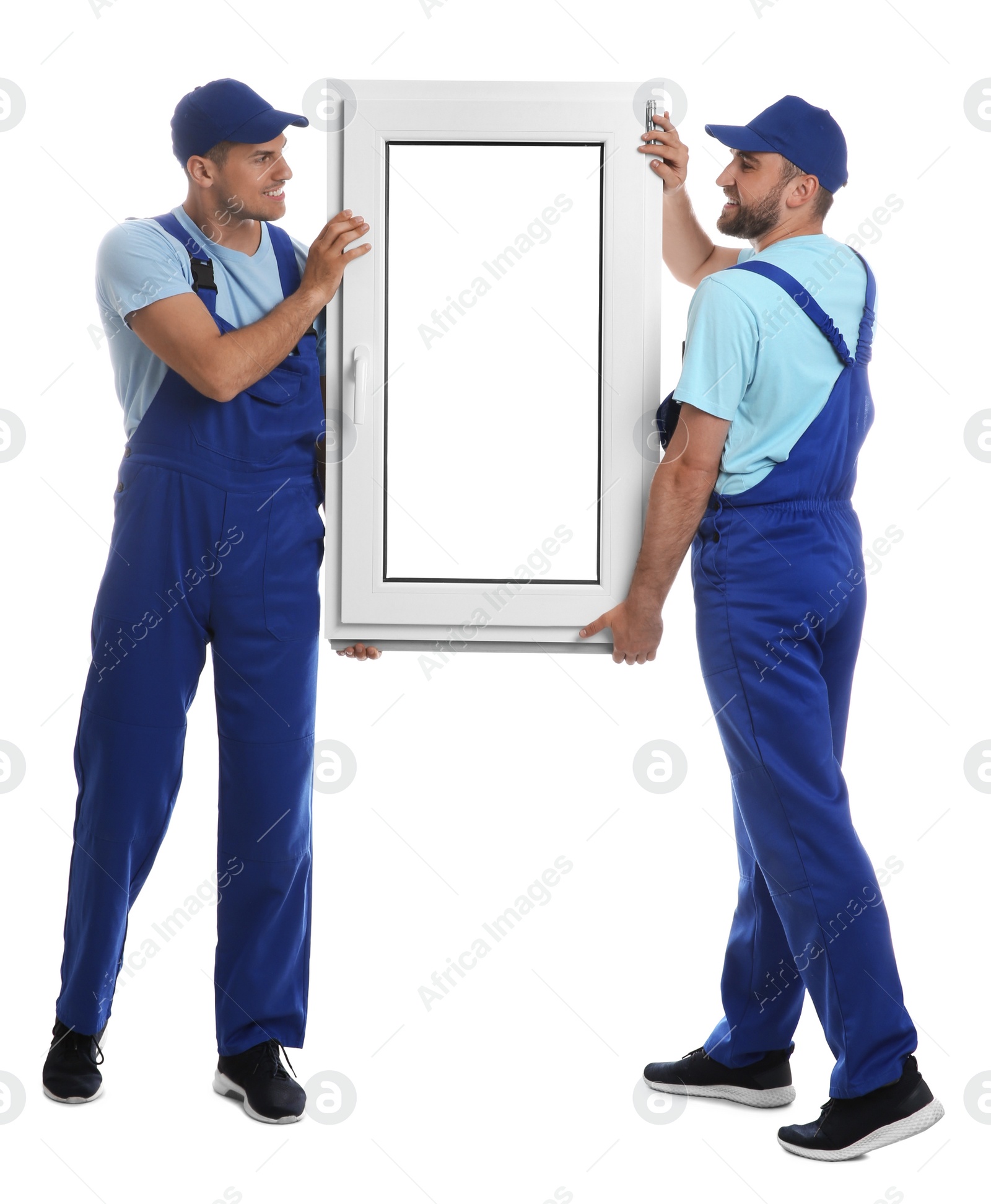 Photo of Workers with plastic window on white background. Installation service