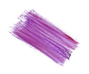 Photo of Purple paint stroke drawn with brush on white background, top view