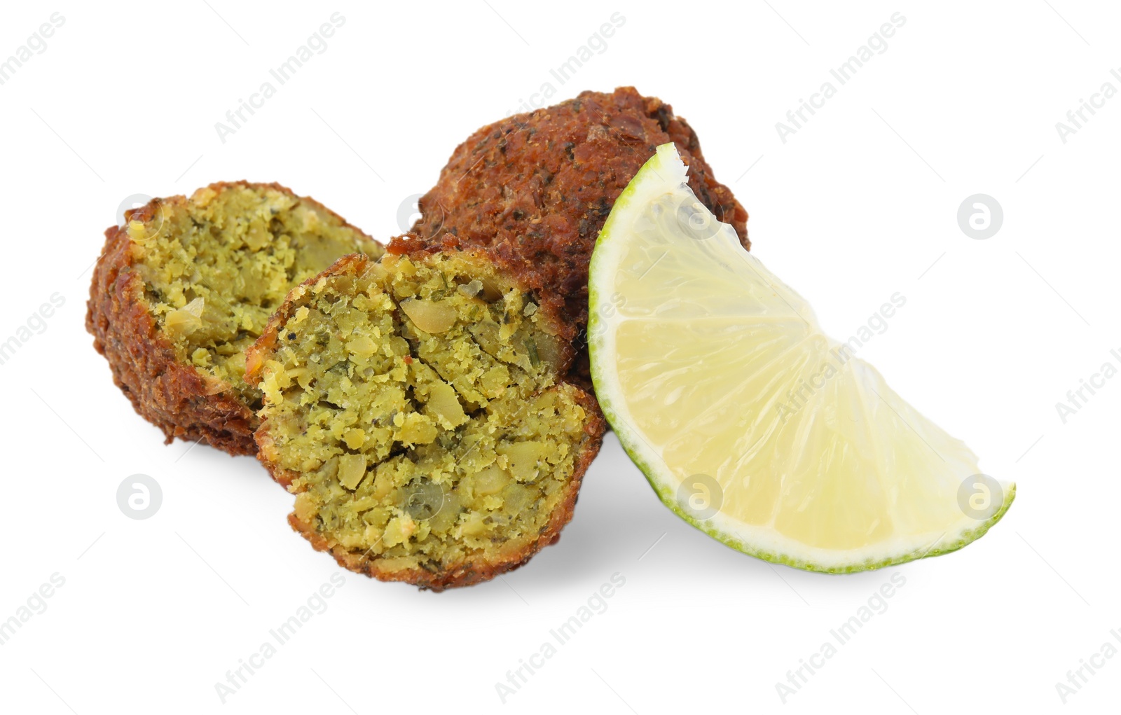 Photo of Delicious falafel balls and lime slice isolated on white