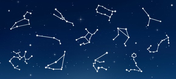 Set with zodiac constellations against night sky with stars. Banner design
