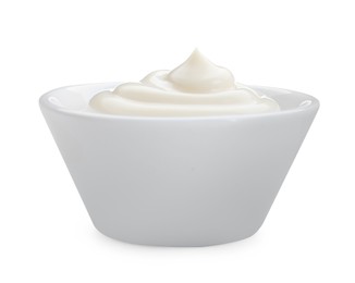 Photo of Tasty mayonnaise sauce in bowl isolated on white