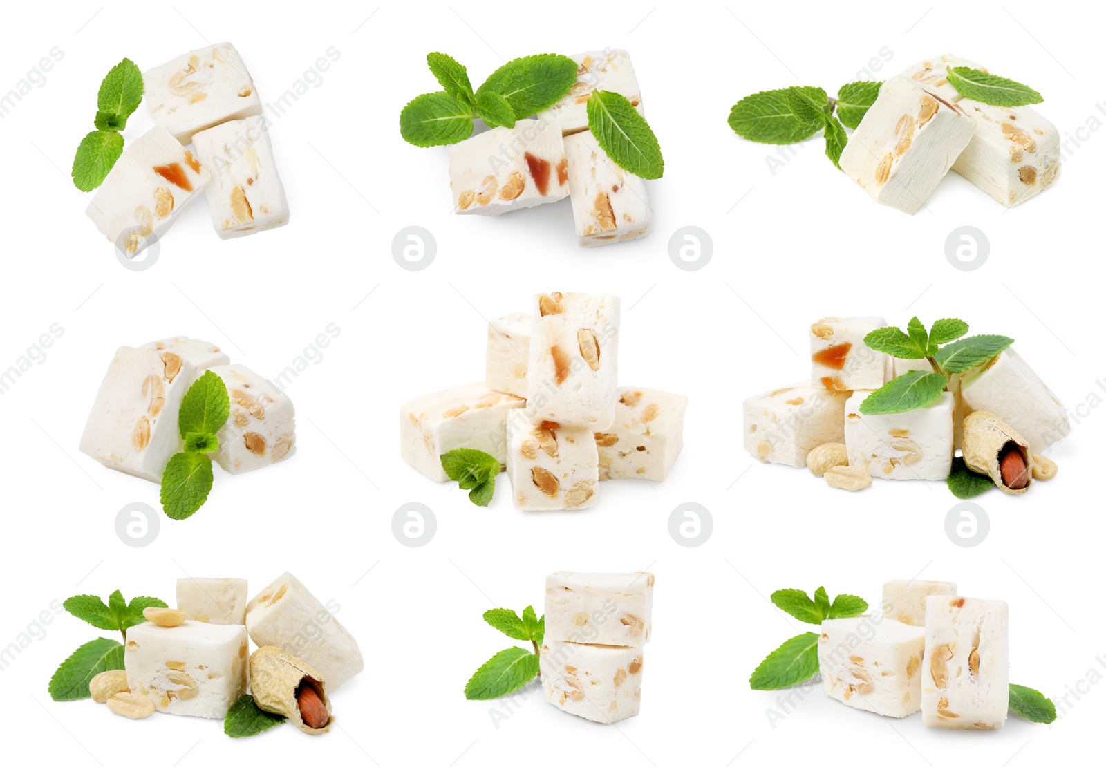 Image of Delicious nougat with peanuts and mint on white background, collage design