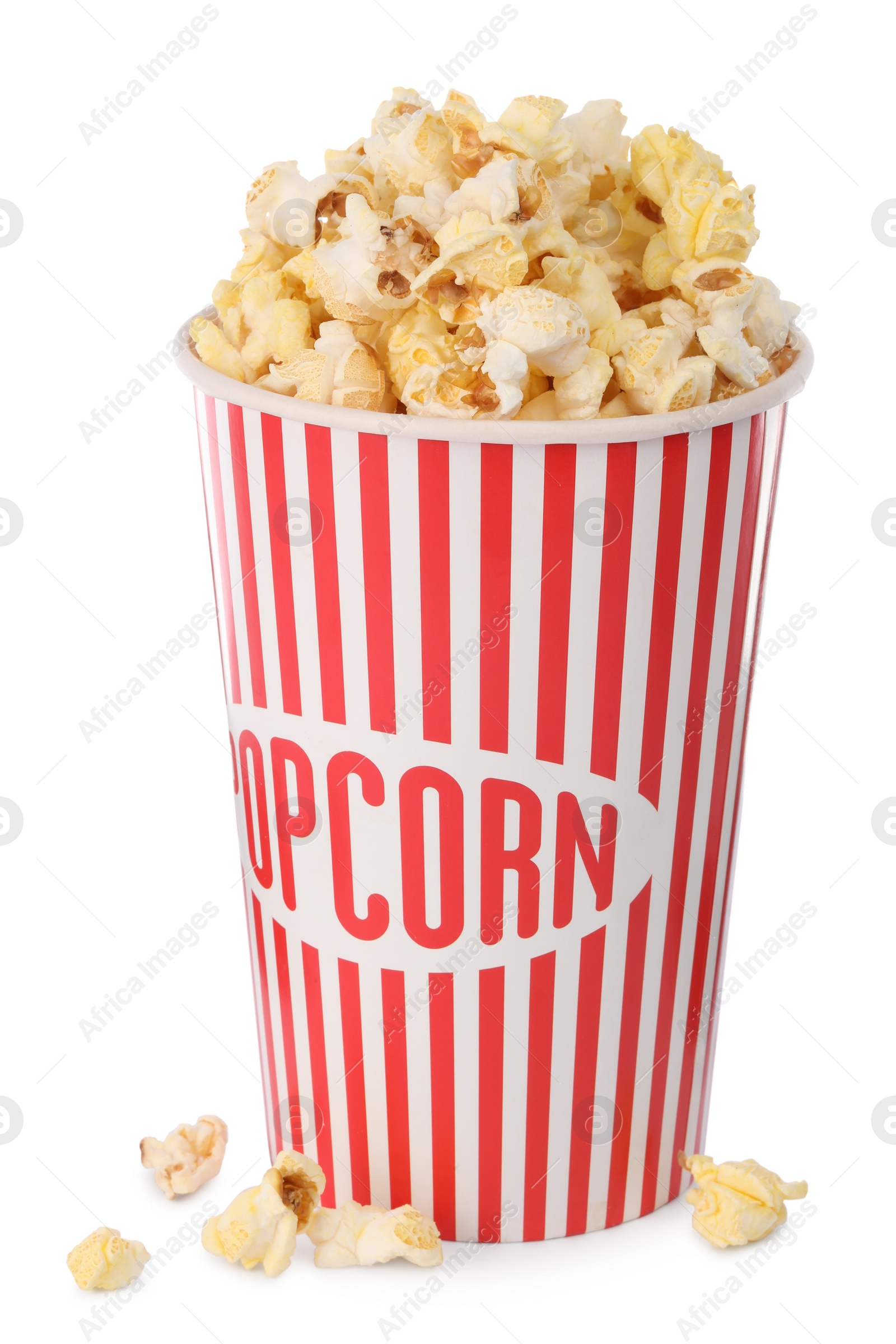 Photo of Tasty fresh pop corn in bucket isolated on white