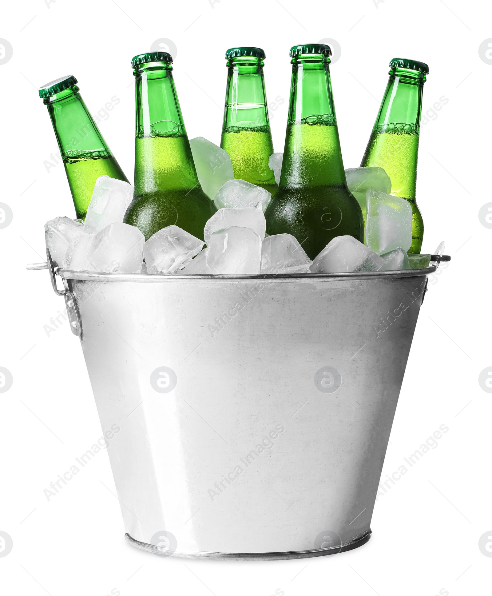 Photo of Metal bucket with bottles of beer and ice cubes on white background