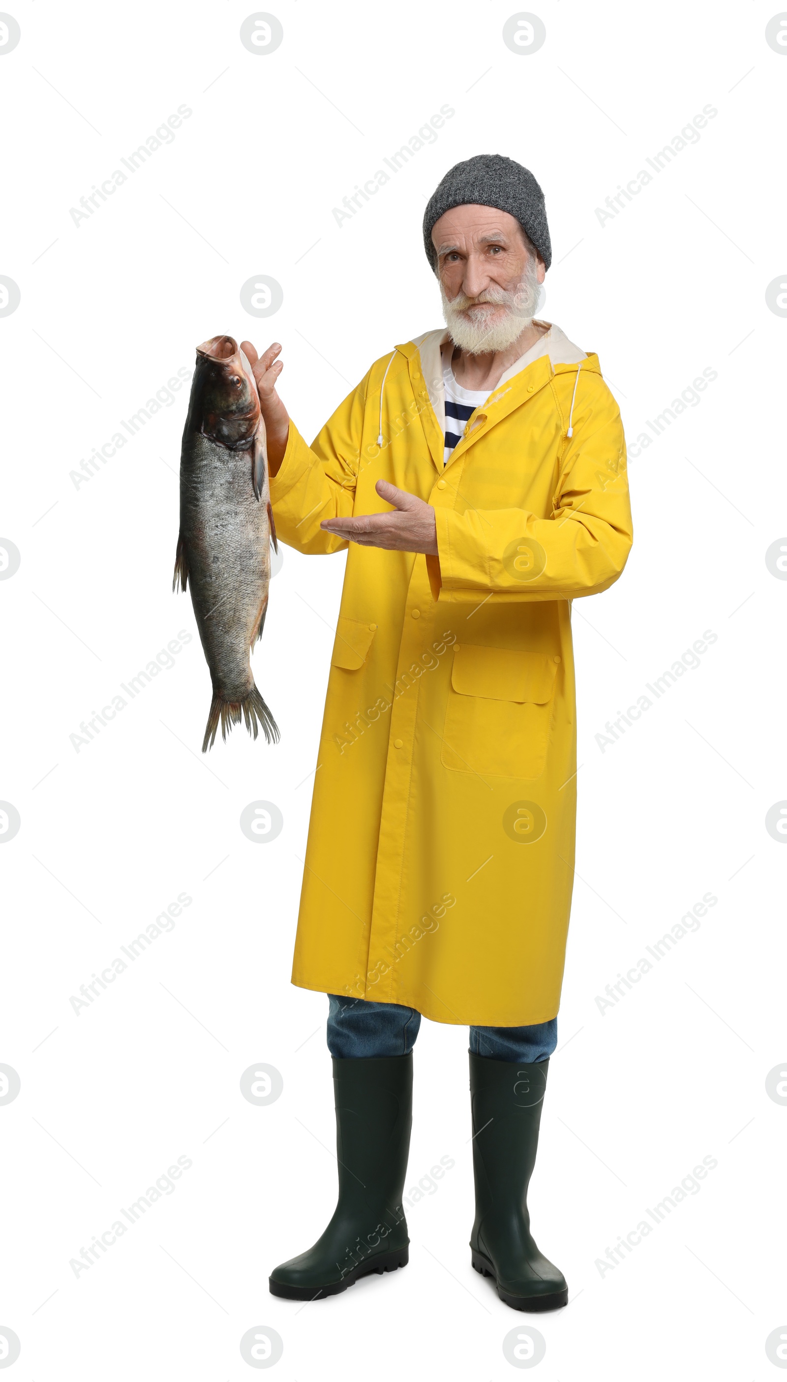 Photo of Fisherman with caught fish isolated on white