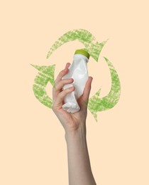 Image of Illustration of recycling symbol and woman holding crumpled plastic bottle on beige background, closeup