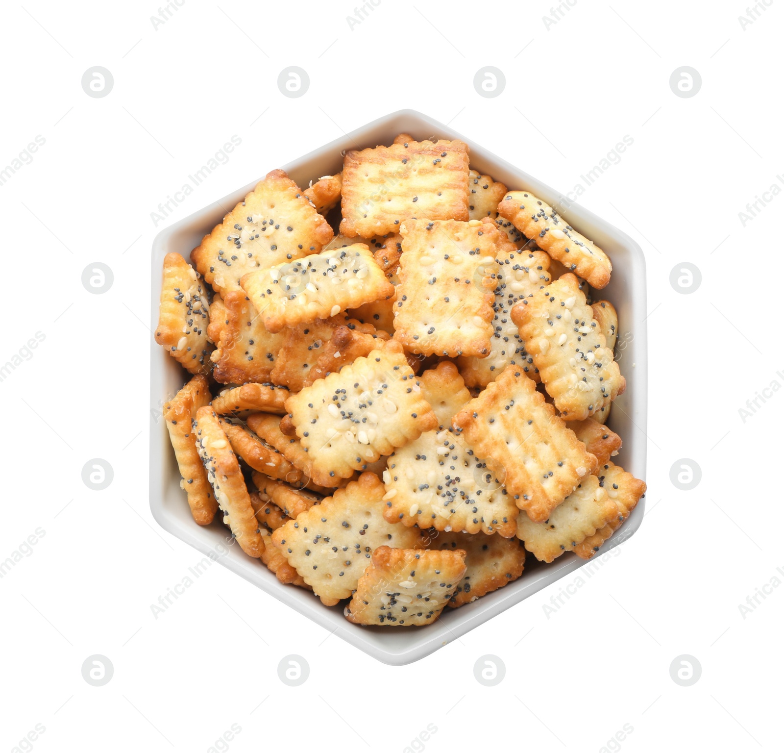 Photo of Delicious crackers in bowl isolated on white, top view