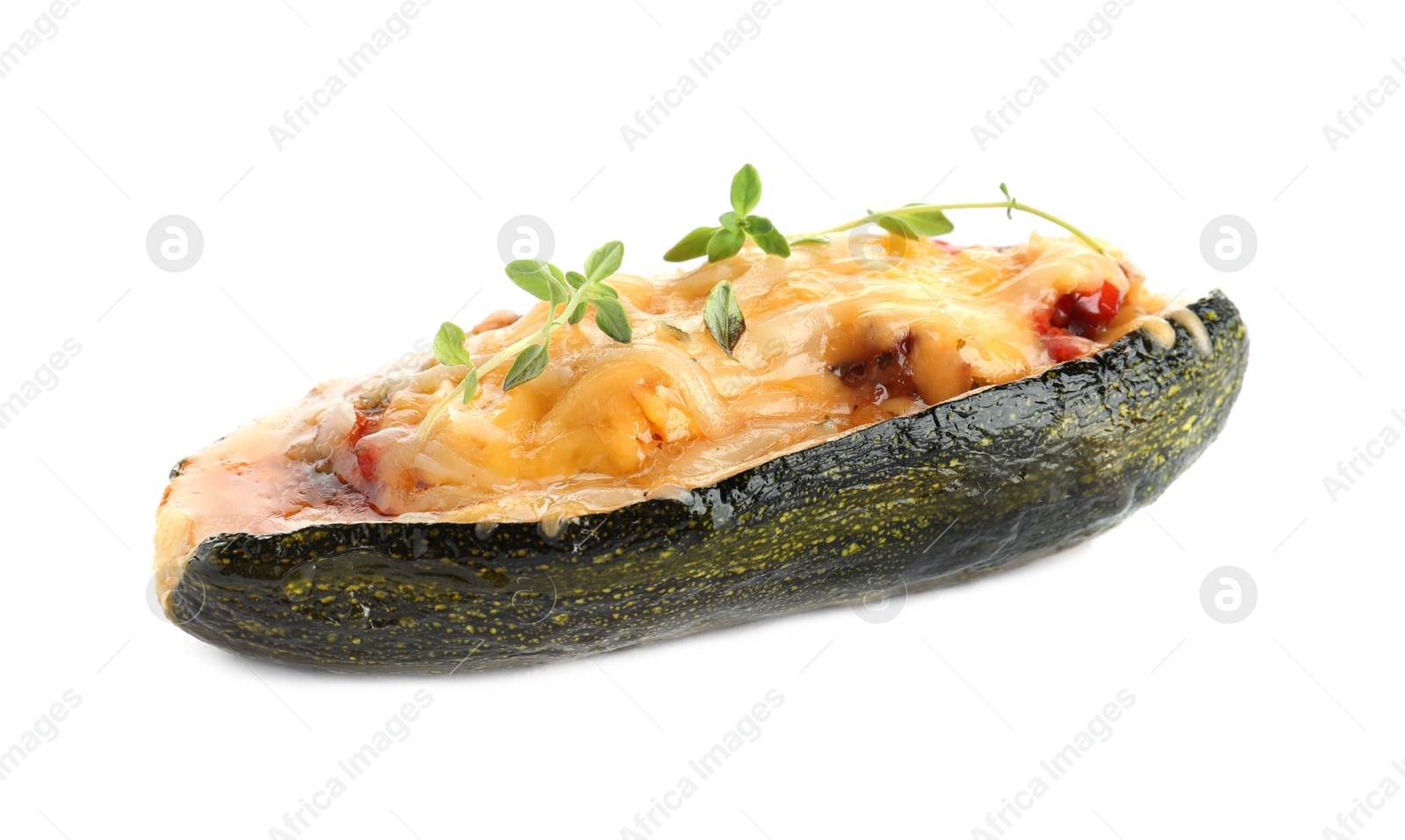 Photo of Tasty baked stuffed zucchini on white background