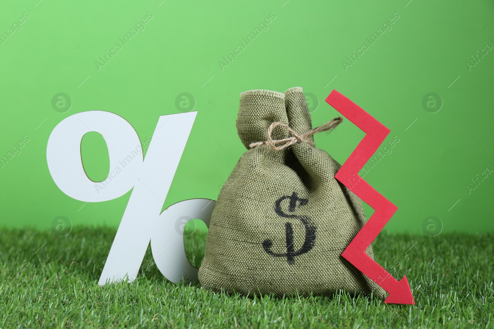 Photo of Bag with money, up arrow and percent symbol against green background. Profit concept