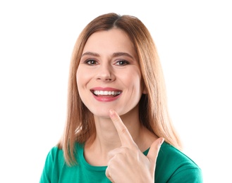 Photo of Smiling woman with perfect teeth on white background