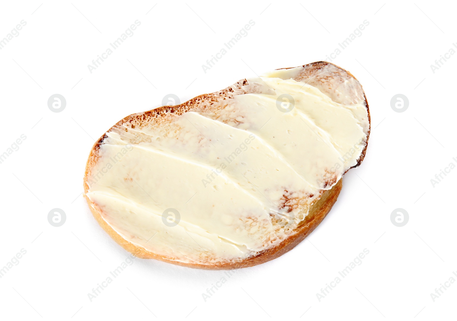 Photo of Slice of bread with butter isolated on white, top view