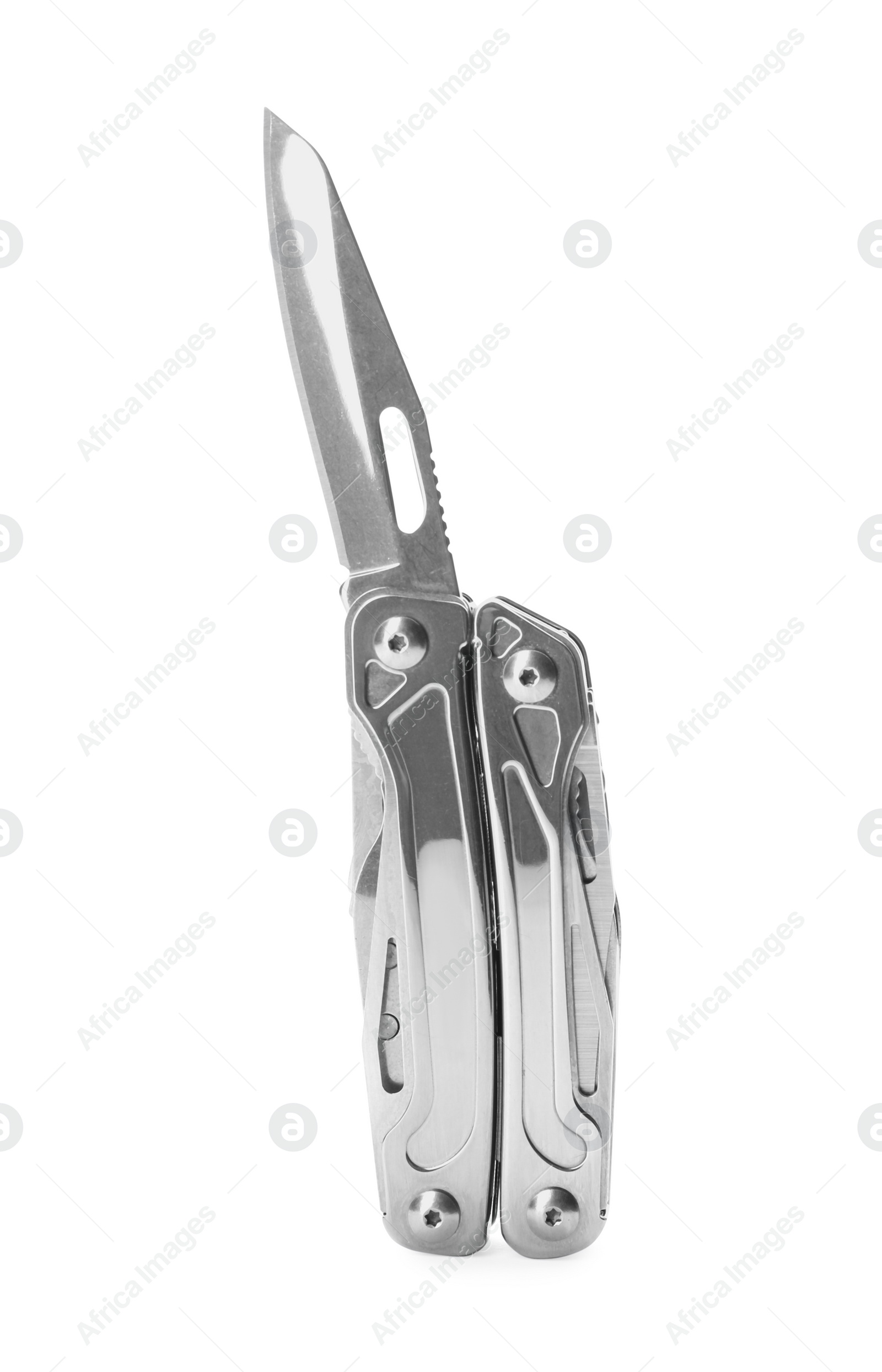 Photo of Compact portable stainless multitool isolated on white